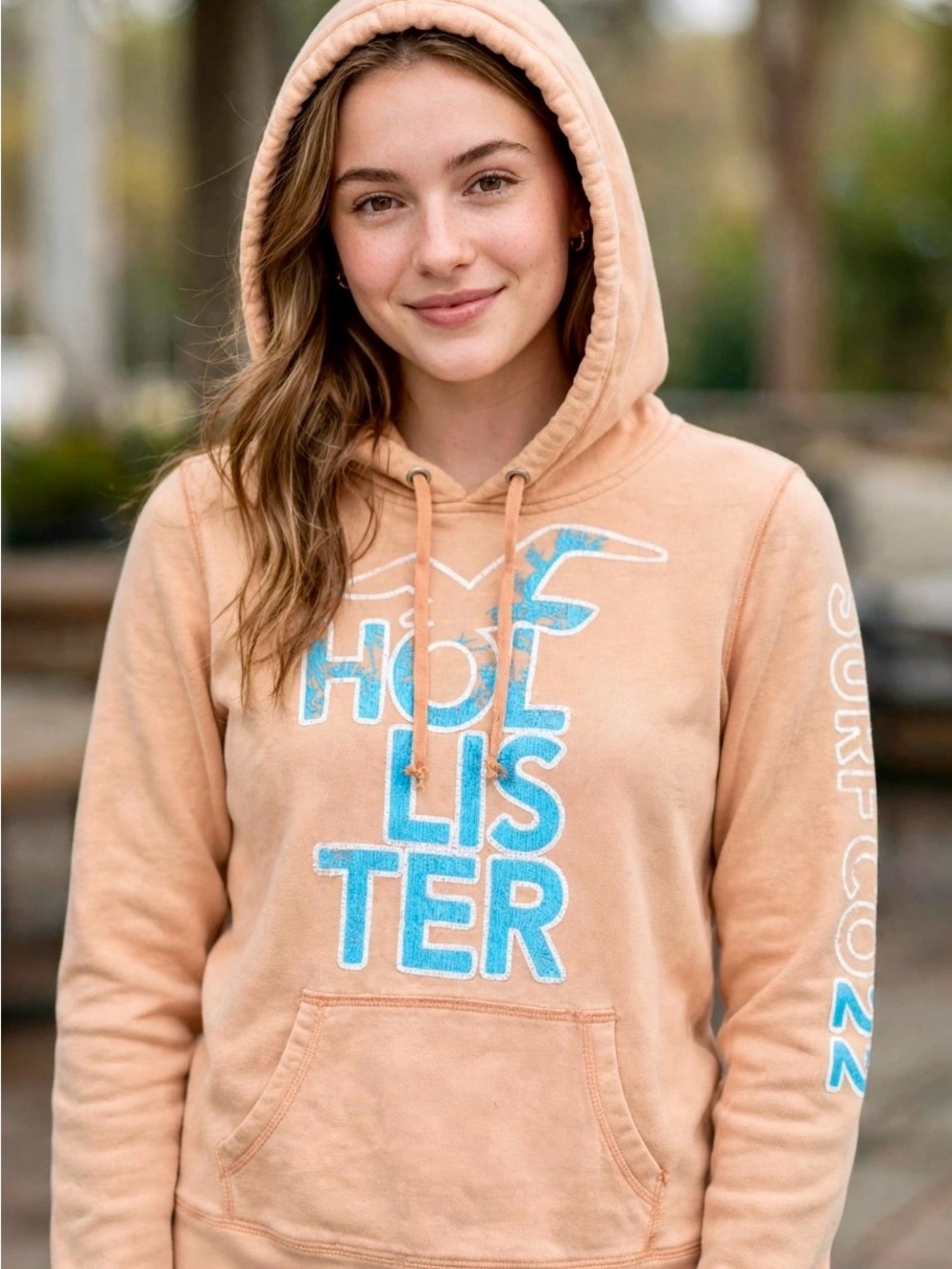 Hollister Peach Hoodie with Bright Blue Logo-Womens XL Y2K Surf